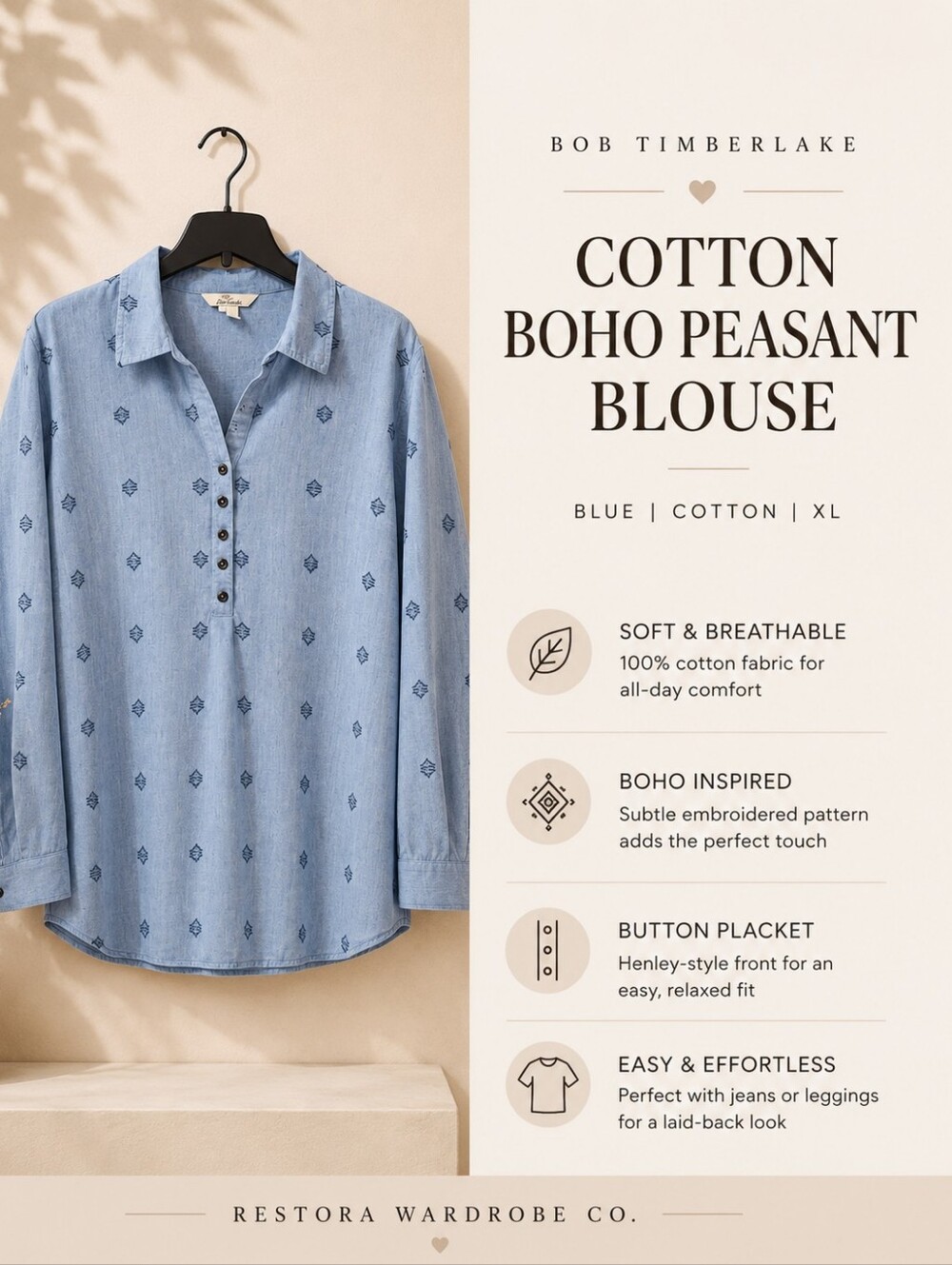 Bob Timberlake Cotton Boho Peasant Blouse Blue XL